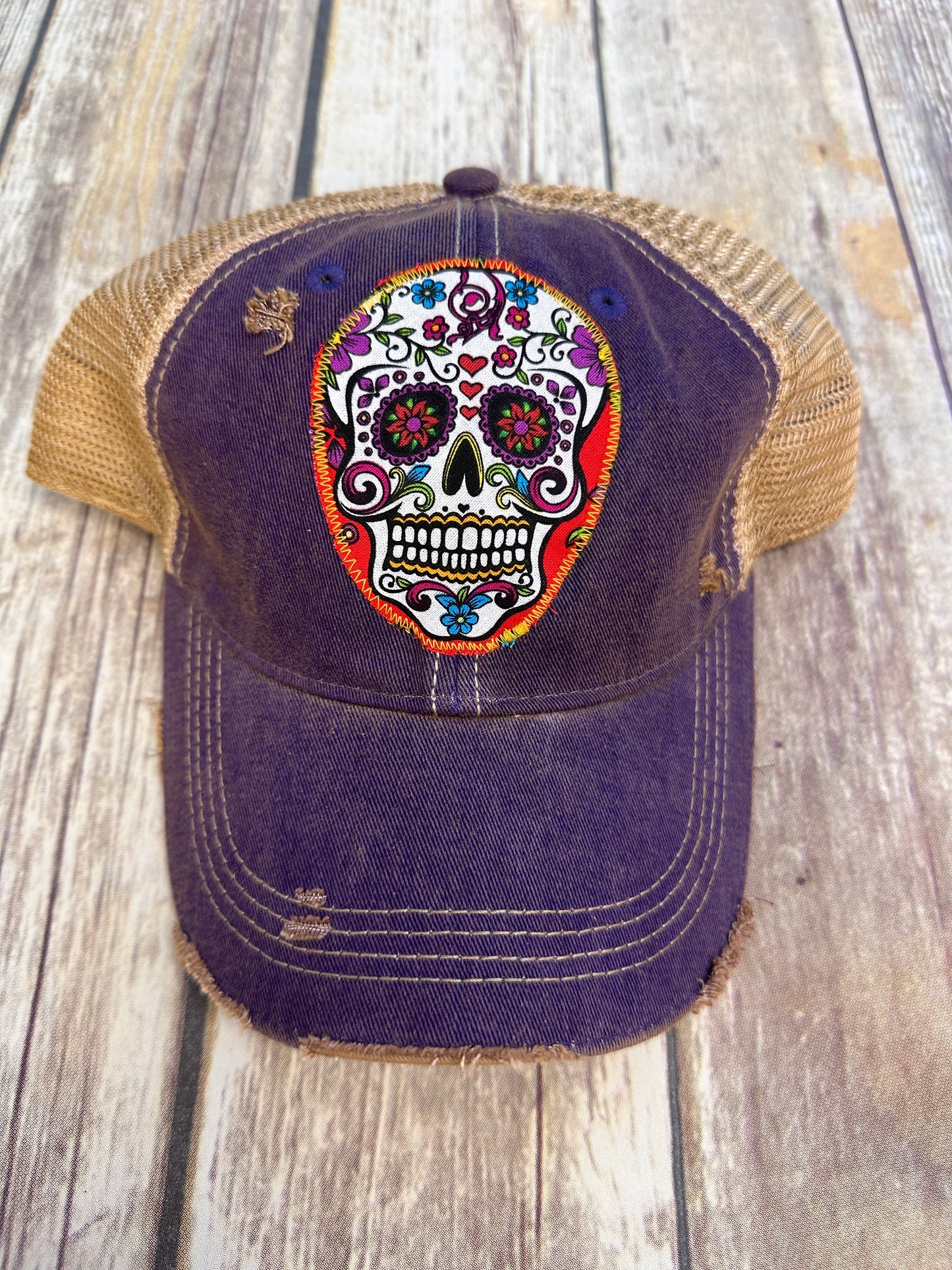 Red Sugar Skull Dirty Trucker Hat