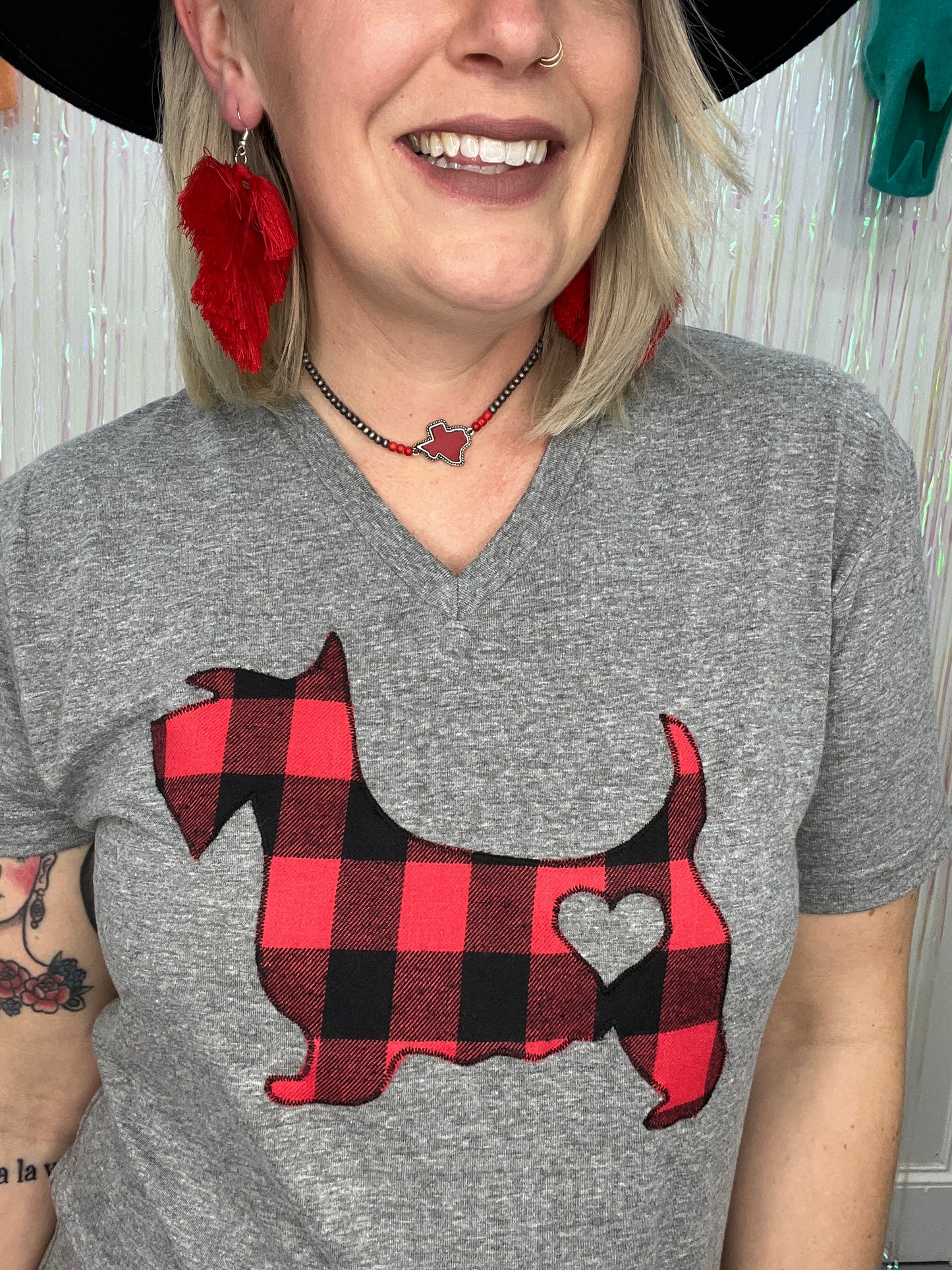 Buffalo Plaid Scottie V-neck Tee