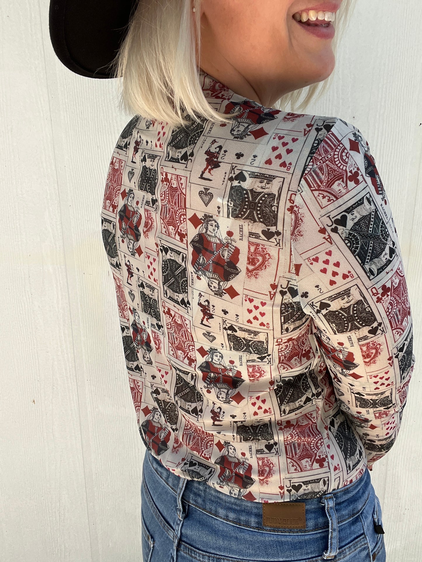 Last Call Poker Face Mesh Long Sleeve Top