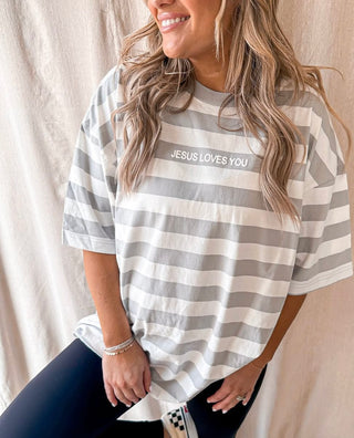 He Loves You Striped Tee [Grey]