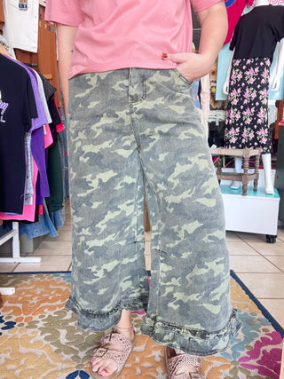Camo Ruffle Denim Pants