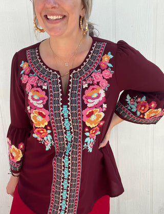 Marigold Embroidered Bell Sleeve Top [Maroon]