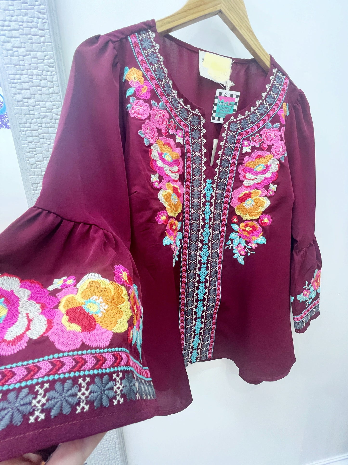 Marigold Embroidered Bell Sleeve Top [Maroon]