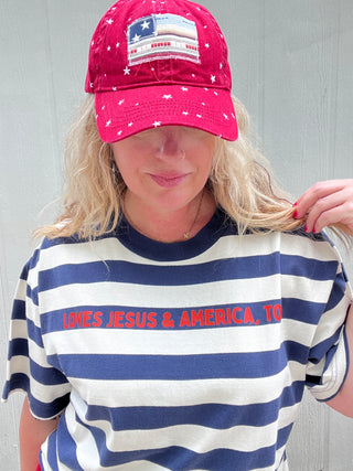 Loves Jesus & America, Too Striped Tee