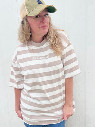 Last Call | XL | He Loves You Striped Tee
