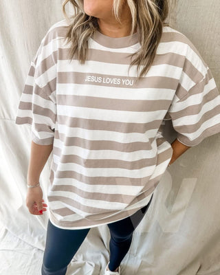 Last Call | XL | He Loves You Striped Tee
