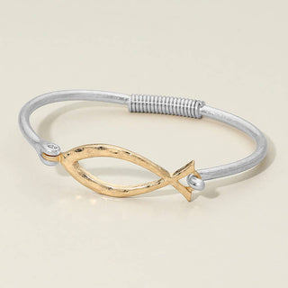 Hammered Fish Symbol Hinged Bangle Bracelet