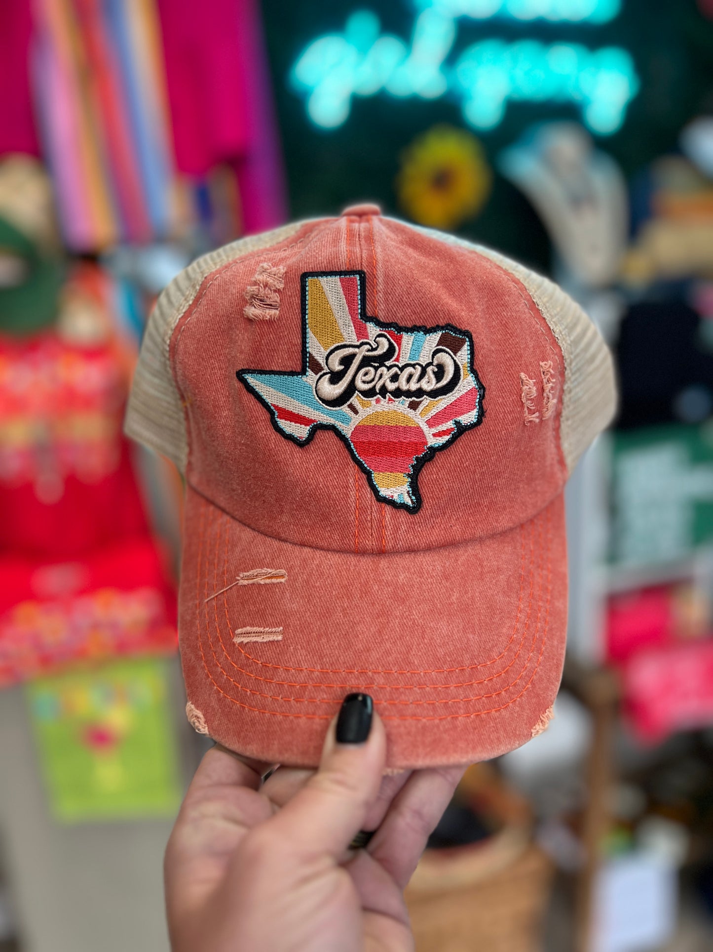 Texas Sunrise Patch Ponytail Dirty Trucker Hat