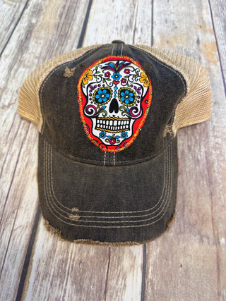 Red Sugar Skull Dirty Trucker Hat