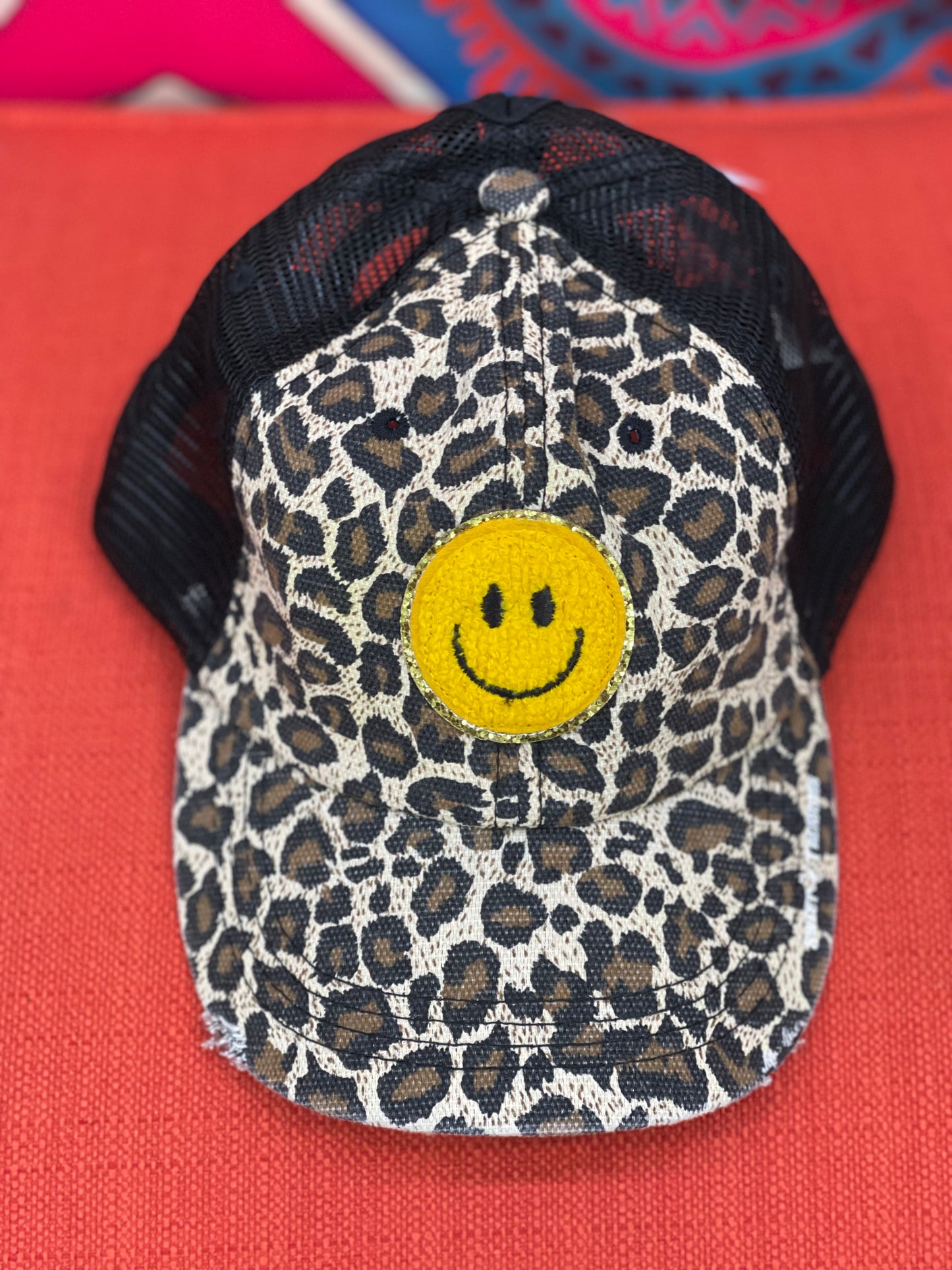 Happy Face Leopard Ponytail Trucker Hat