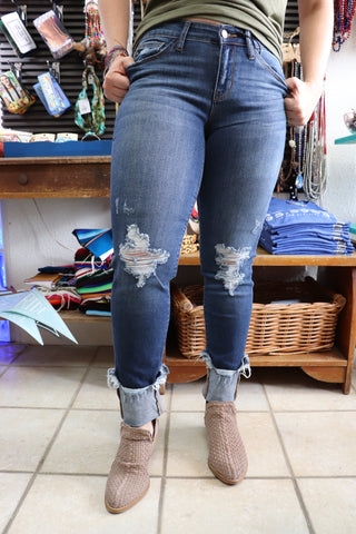 Last Call Queen Size Carli Cuffed Destroyed Jeans [Dark Wash]