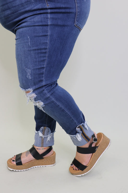 Last Call Queen Size Carli Cuffed Destroyed Jeans [Dark Wash]