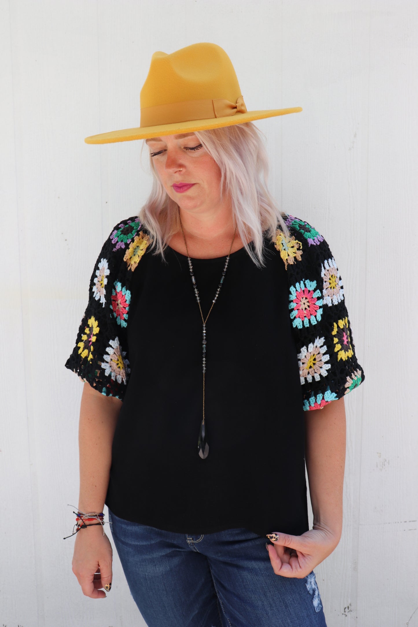 Queen Size Paige Granny Square Crocheted Top [Black]