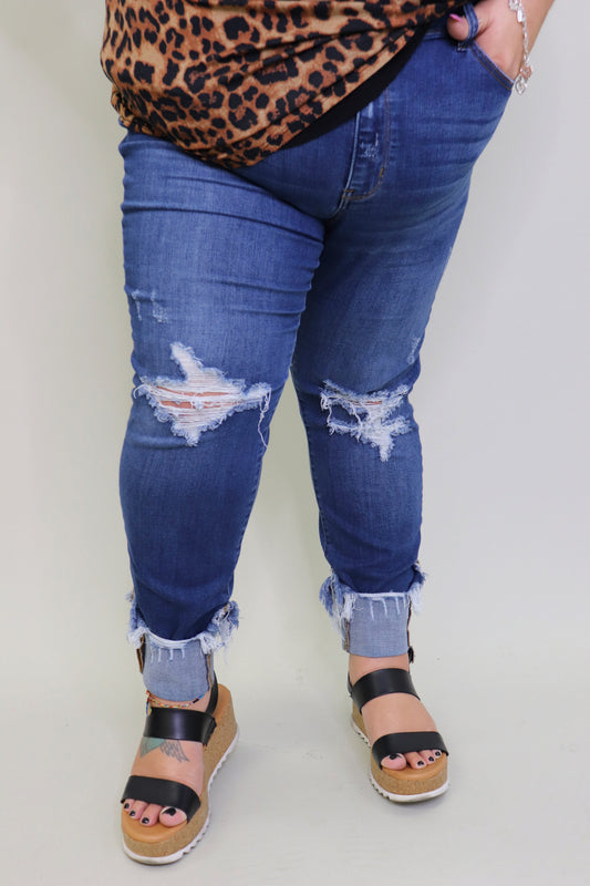 Last Call Queen Size Carli Cuffed Destroyed Jeans [Dark Wash]