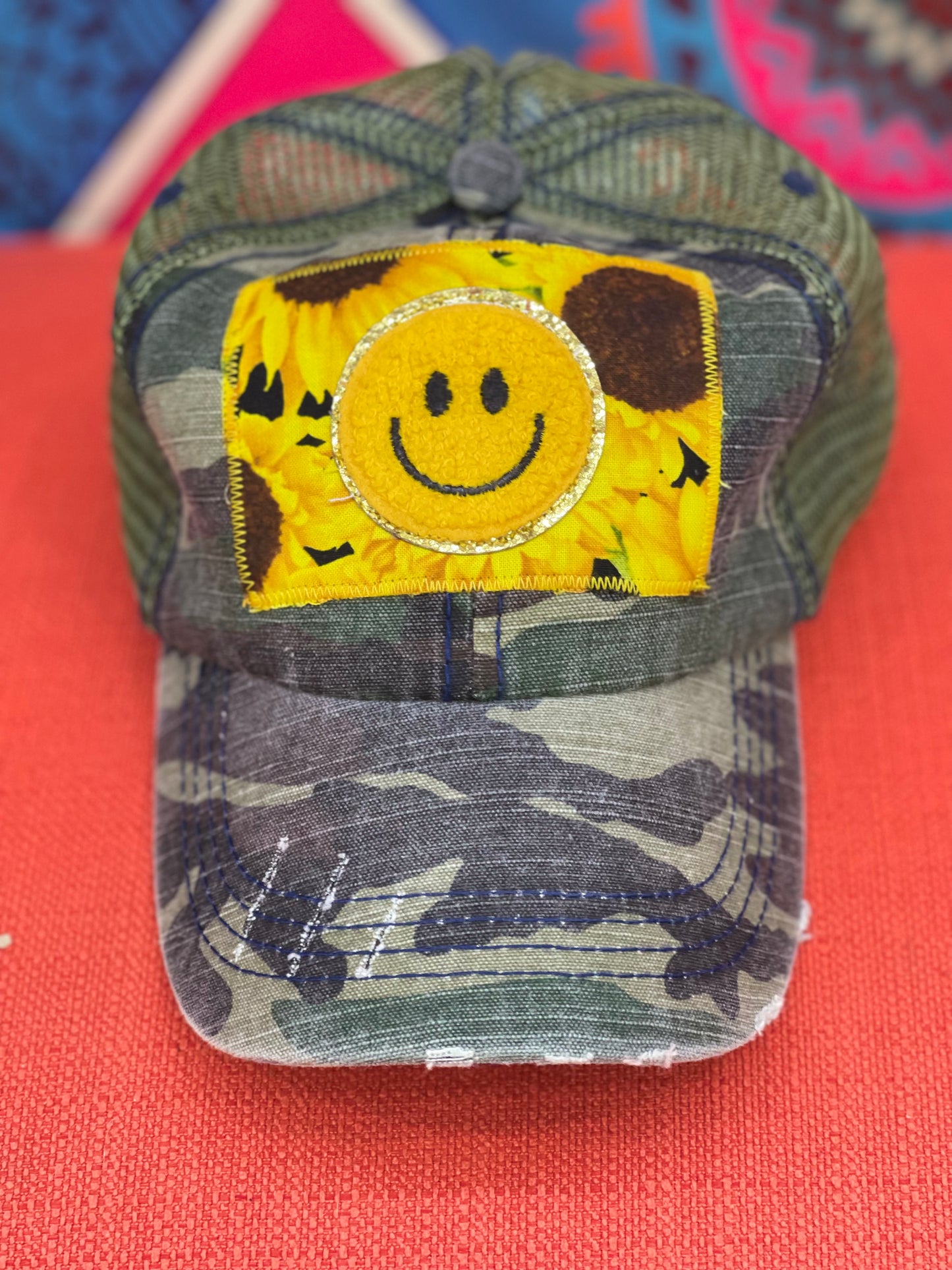 Happy Face Sunflower Ponytail Dirty Trucker Hat